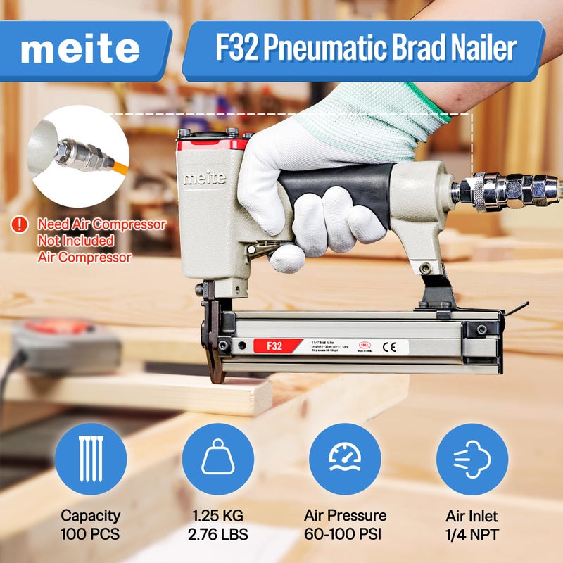 meite F32 Brad Nailer 18 Gauge 3/8" to 1-1/4" Pneumatic Tool for Woodworking Projects - Image 2